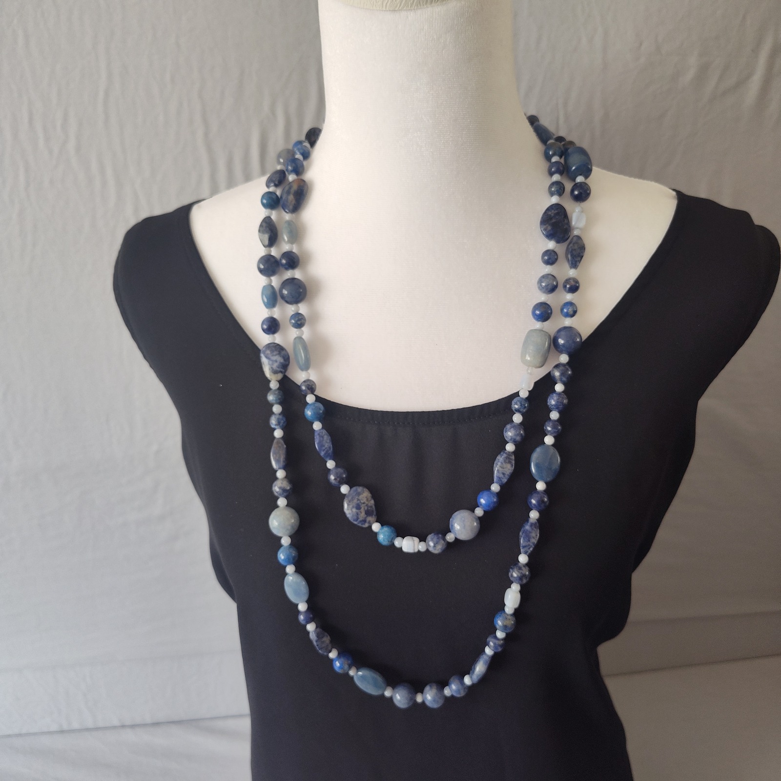 Blue Sodalite Natural Stone Long Beaded Endless Strand Necklace 60 Inch Boho